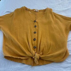 BOUTIQUE Mustard Button Up Tie Work Dress Small Autumn Women's Yellow Top Blouse